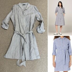 Tommy Hilfiger Striped Belted Shirt Dress Women’s Size 8 Sand Beige White Linen